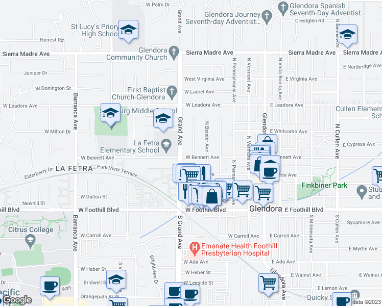 map of restaurants, bars, coffee shops, grocery stores, and more near 305 North Westridge Avenue in Glendora