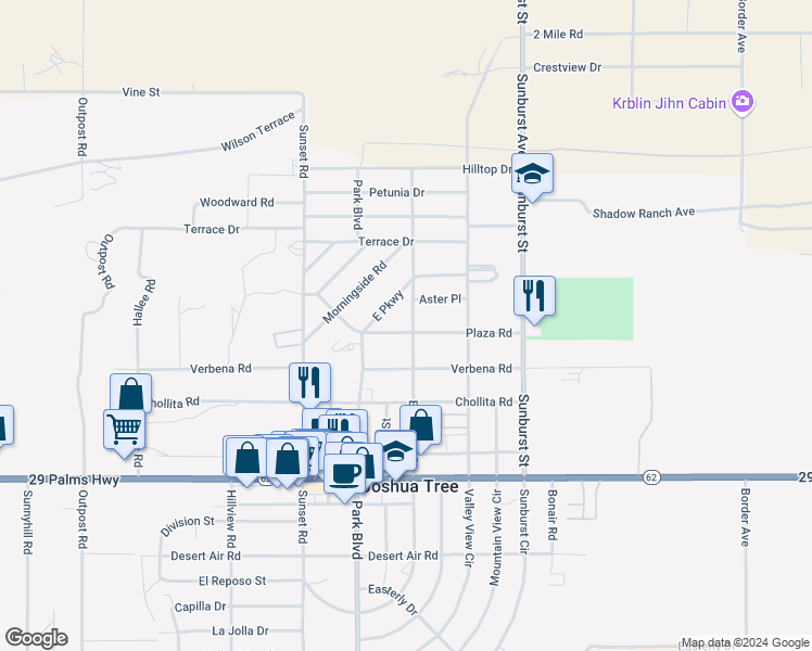 map of restaurants, bars, coffee shops, grocery stores, and more near 6252 El Reposo Street in Joshua Tree
