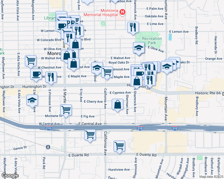 map of restaurants, bars, coffee shops, grocery stores, and more near 404 East Huntington Drive in Monrovia