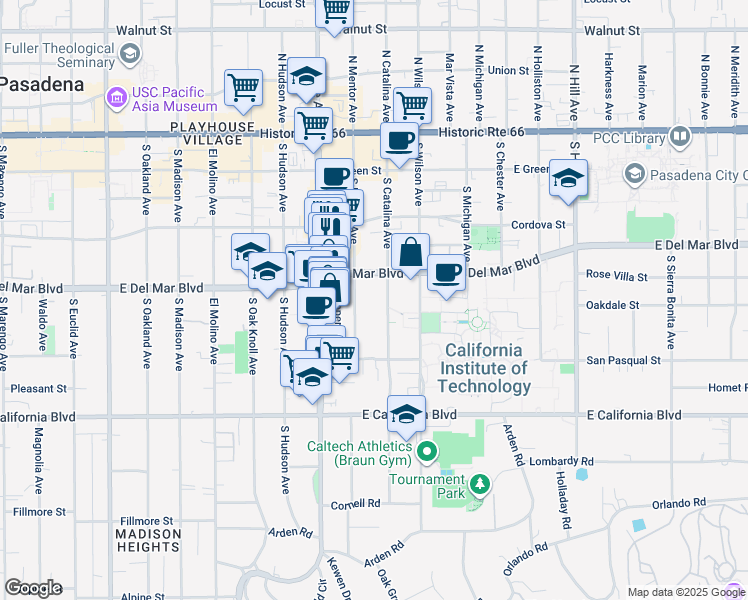 map of restaurants, bars, coffee shops, grocery stores, and more near 330 South Mentor Avenue in Pasadena