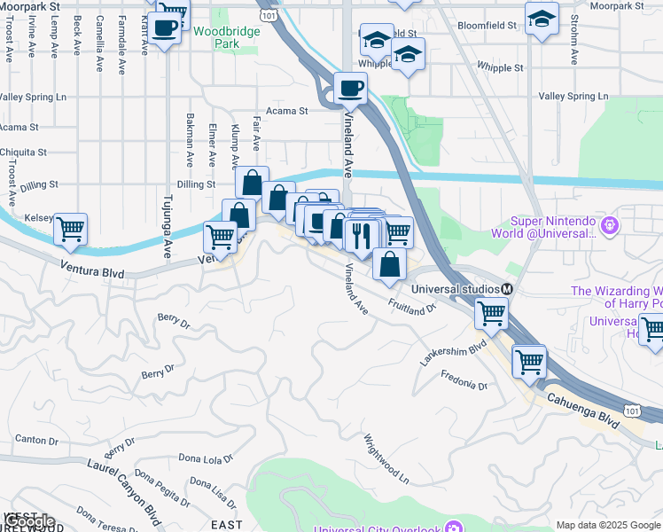 map of restaurants, bars, coffee shops, grocery stores, and more near 11023 Fruitland Drive in Los Angeles