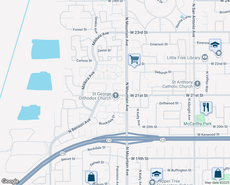 map of restaurants, bars, coffee shops, grocery stores, and more near 1256 Miller Court in Upland