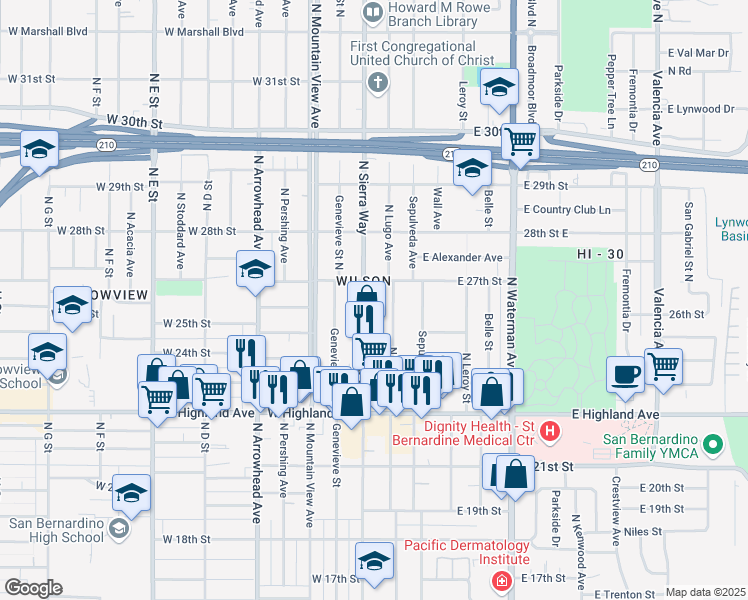 map of restaurants, bars, coffee shops, grocery stores, and more near 2629 North Sierra Way in San Bernardino