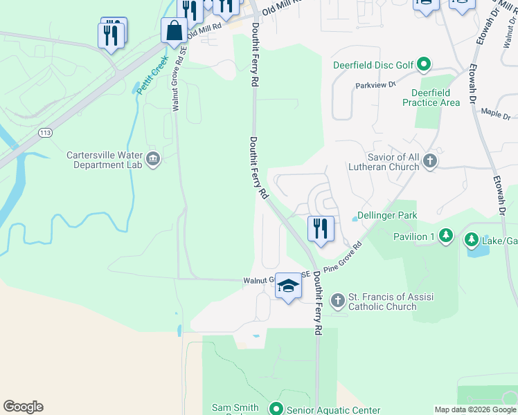 map of restaurants, bars, coffee shops, grocery stores, and more near 51 Carrington Drive in Cartersville