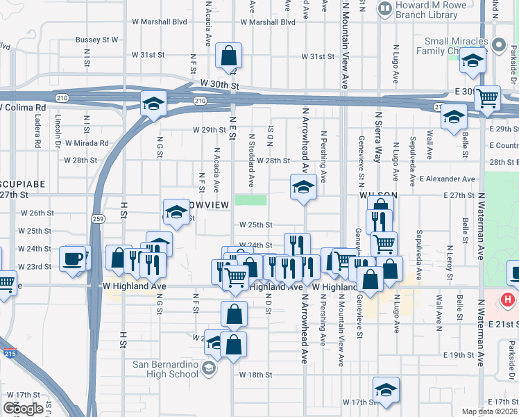 map of restaurants, bars, coffee shops, grocery stores, and more near 2640 North D Street in San Bernardino