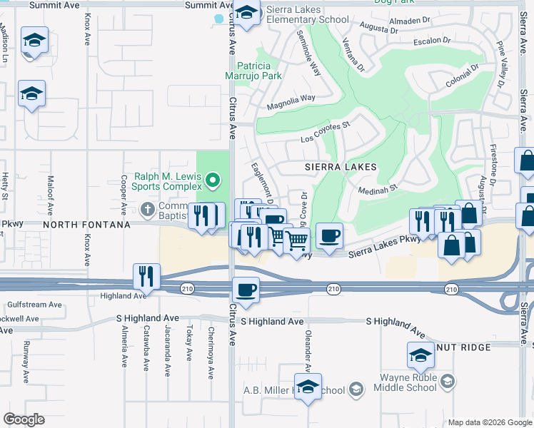 map of restaurants, bars, coffee shops, grocery stores, and more near 16199 Stoneridge Lane in Fontana
