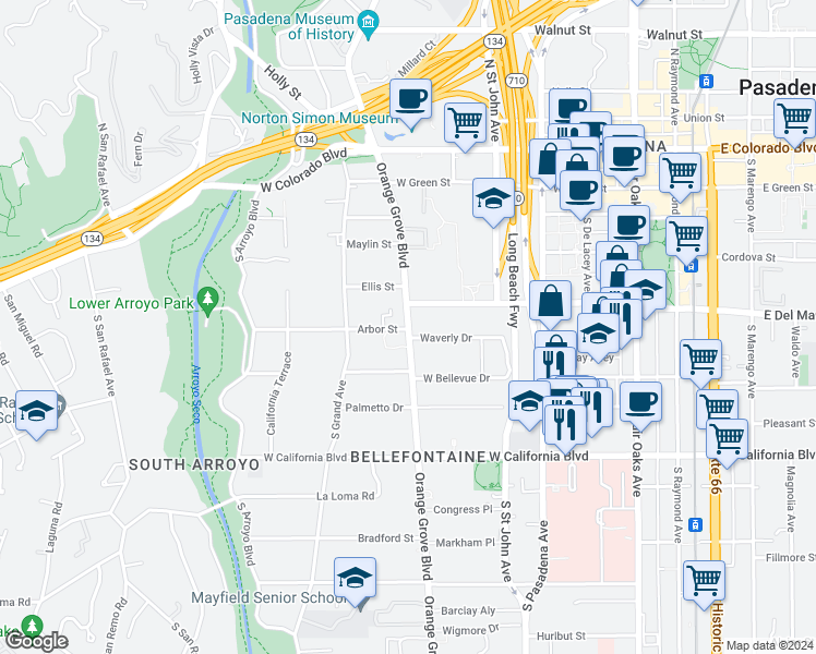 map of restaurants, bars, coffee shops, grocery stores, and more near 334 Orange Grove Boulevard in Pasadena