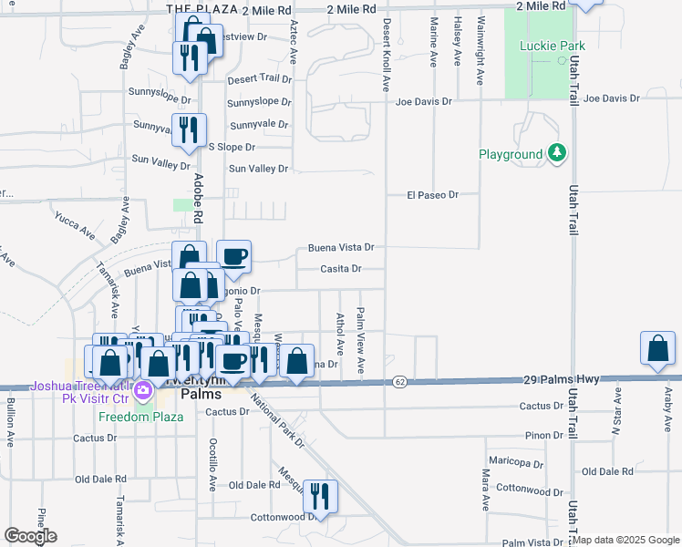 map of restaurants, bars, coffee shops, grocery stores, and more near 74003 Casita Drive in Twentynine Palms