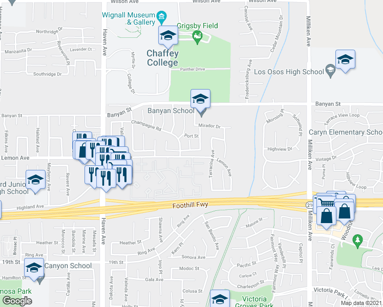 map of restaurants, bars, coffee shops, grocery stores, and more near 10849 Zinfandel Street in Rancho Cucamonga