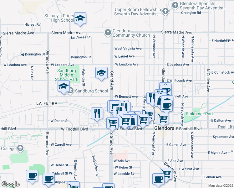 map of restaurants, bars, coffee shops, grocery stores, and more near 305 North Westridge Avenue in Glendora