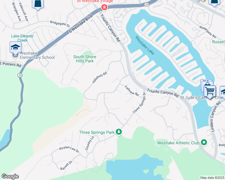 map of restaurants, bars, coffee shops, grocery stores, and more near 2227 Highgate Road in Westlake Village
