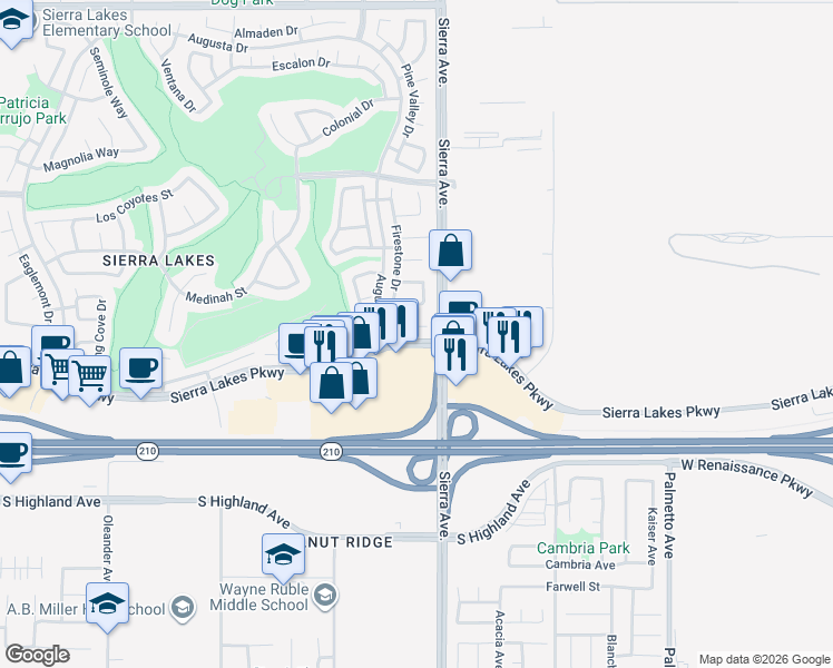 map of restaurants, bars, coffee shops, grocery stores, and more near 16877 Somerset Lane in Fontana