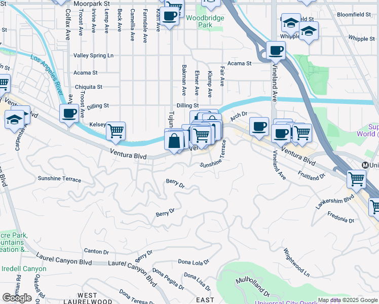 map of restaurants, bars, coffee shops, grocery stores, and more near 11336 Ventura Boulevard in Los Angeles
