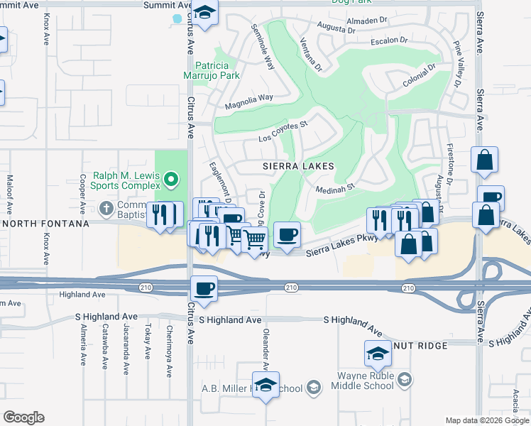 map of restaurants, bars, coffee shops, grocery stores, and more near 6273 Long Cove Drive in Fontana