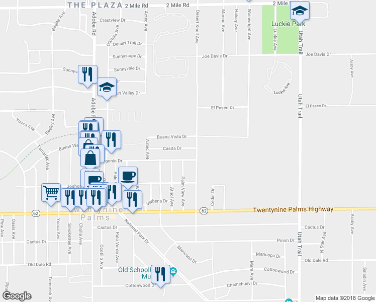map of restaurants, bars, coffee shops, grocery stores, and more near 74063 Casita Drive in Twentynine Palms