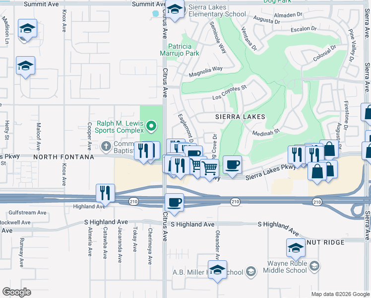 map of restaurants, bars, coffee shops, grocery stores, and more near 16199 Stoneridge Lane in Fontana