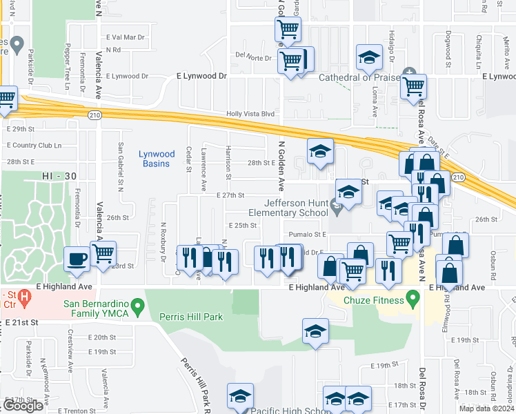 map of restaurants, bars, coffee shops, grocery stores, and more near 1172 26th Street in San Bernardino