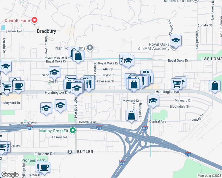 map of restaurants, bars, coffee shops, grocery stores, and more near 2008 Windsor Cir in Duarte