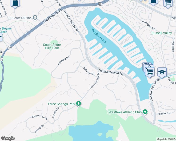 map of restaurants, bars, coffee shops, grocery stores, and more near 32565 Fallview Road in Westlake Village