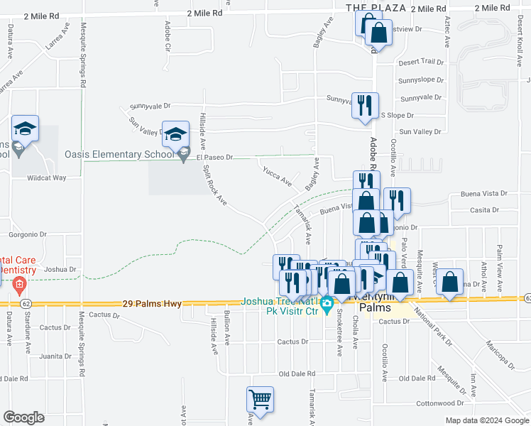 map of restaurants, bars, coffee shops, grocery stores, and more near 6384 Bagley Avenue in Twentynine Palms