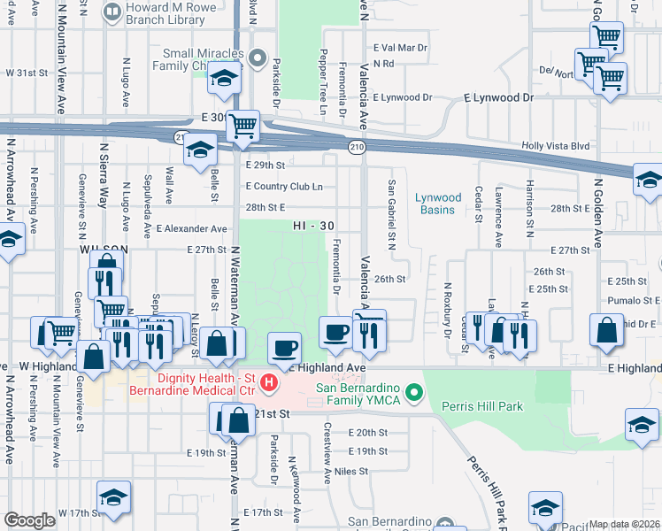 map of restaurants, bars, coffee shops, grocery stores, and more near 2664 Fremontia Drive in San Bernardino