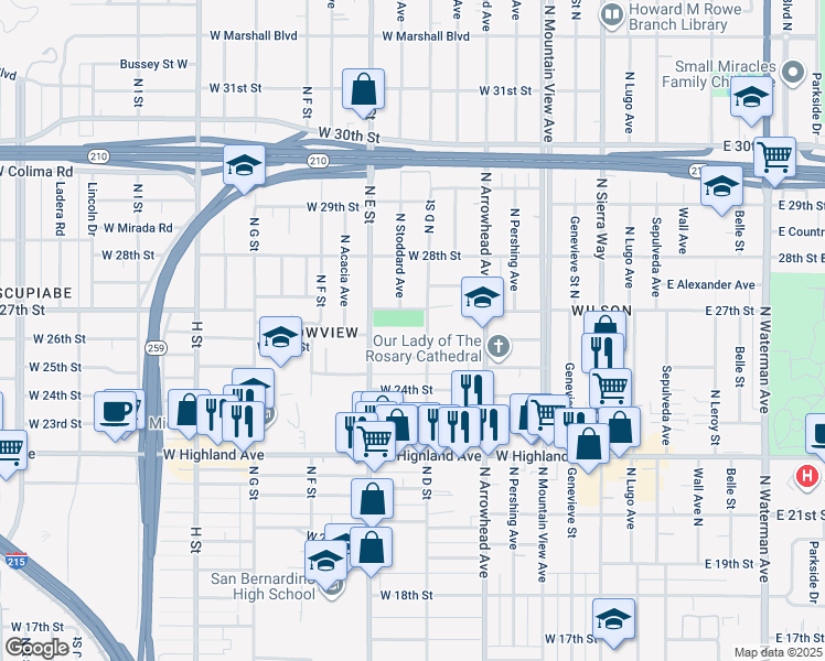 map of restaurants, bars, coffee shops, grocery stores, and more near 2640 North D Street in San Bernardino