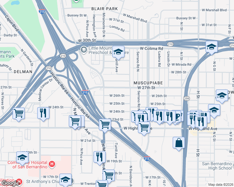 map of restaurants, bars, coffee shops, grocery stores, and more near 1262 West 26th Street in San Bernardino