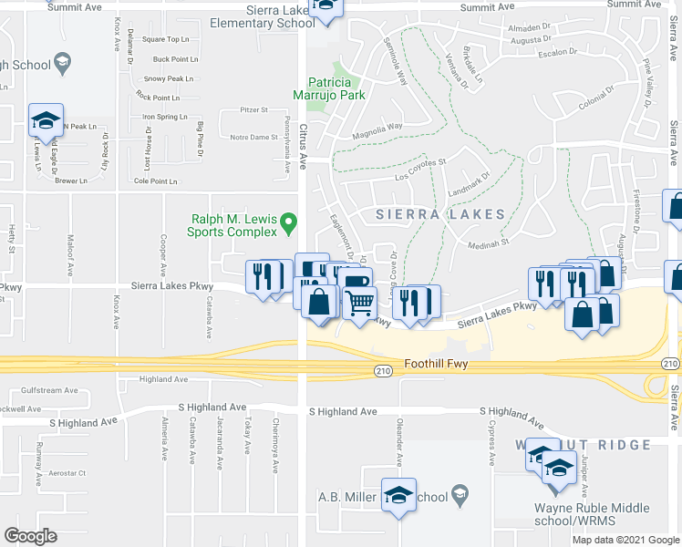 map of restaurants, bars, coffee shops, grocery stores, and more near 16199 Stoneridge Lane in Fontana
