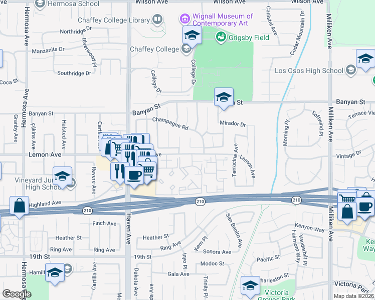 map of restaurants, bars, coffee shops, grocery stores, and more near 6379 Barsac Place in Rancho Cucamonga