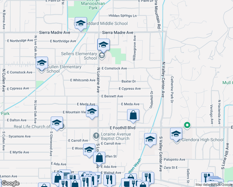 map of restaurants, bars, coffee shops, grocery stores, and more near 1141 East Bennett Avenue in Glendora