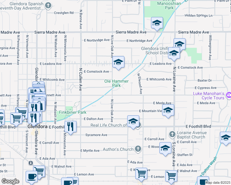 map of restaurants, bars, coffee shops, grocery stores, and more near 315 North Live Oak Avenue in Glendora