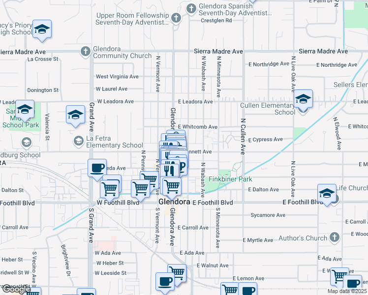 map of restaurants, bars, coffee shops, grocery stores, and more near 201 East Bennett Avenue in Glendora