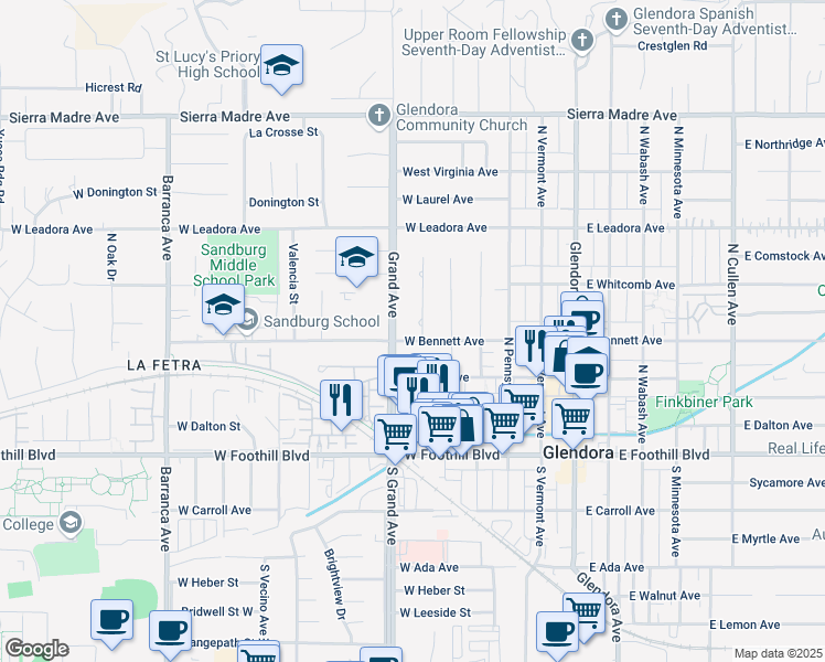 map of restaurants, bars, coffee shops, grocery stores, and more near 305 North Westridge Avenue in Glendora