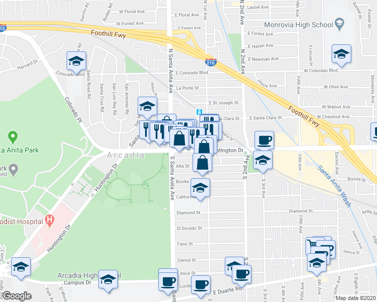 map of restaurants, bars, coffee shops, grocery stores, and more near in Arcadia