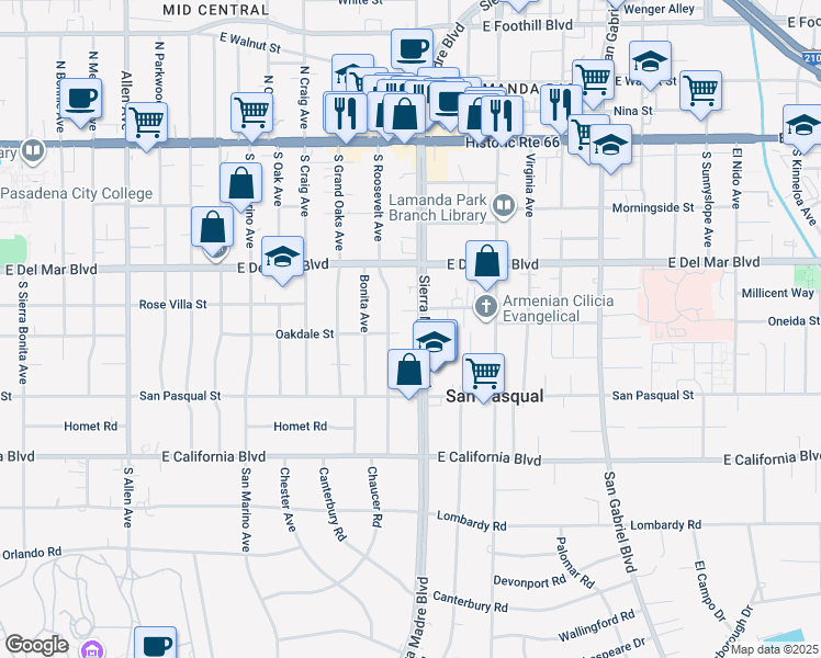 map of restaurants, bars, coffee shops, grocery stores, and more near 2321 Oakdale Street in Pasadena