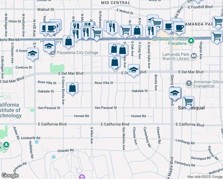 map of restaurants, bars, coffee shops, grocery stores, and more near 353 South Berkeley Avenue in Pasadena