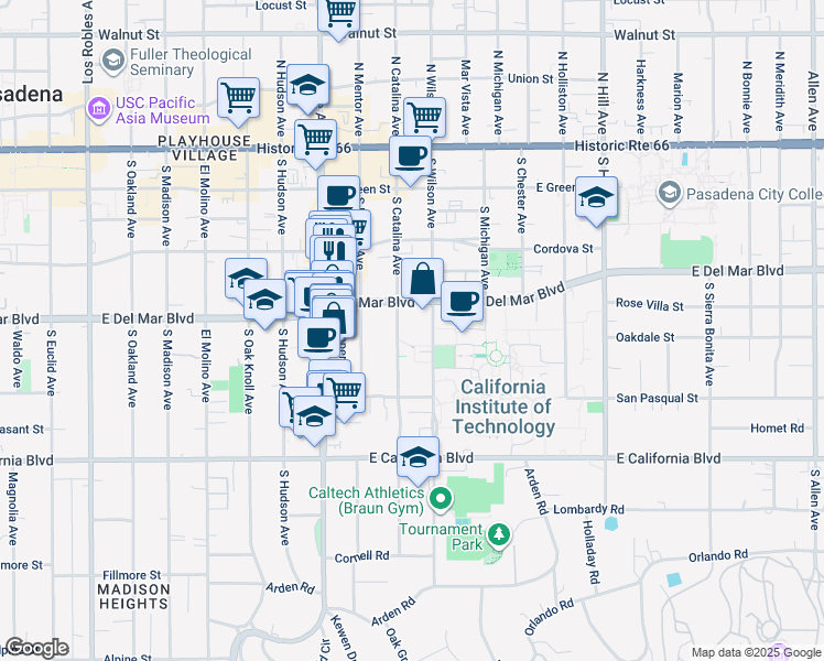map of restaurants, bars, coffee shops, grocery stores, and more near 339 South Catalina Avenue in Pasadena
