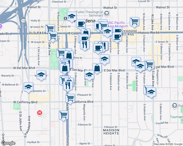 map of restaurants, bars, coffee shops, grocery stores, and more near 350 East Del Mar Boulevard in Pasadena