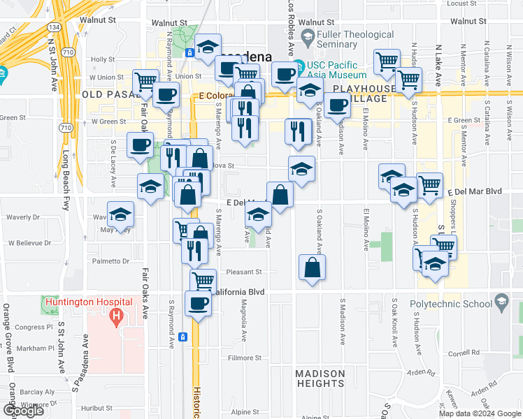 map of restaurants, bars, coffee shops, grocery stores, and more near 350 East Del Mar Boulevard in Pasadena