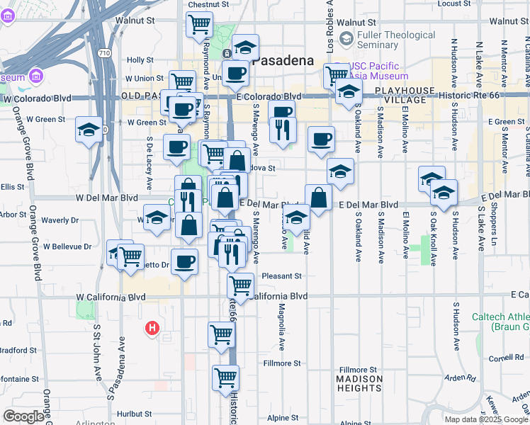 map of restaurants, bars, coffee shops, grocery stores, and more near 332 South Marengo Avenue in Pasadena