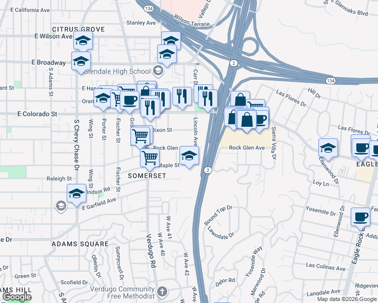 map of restaurants, bars, coffee shops, grocery stores, and more near 1536 Rock Glen Avenue in Glendale