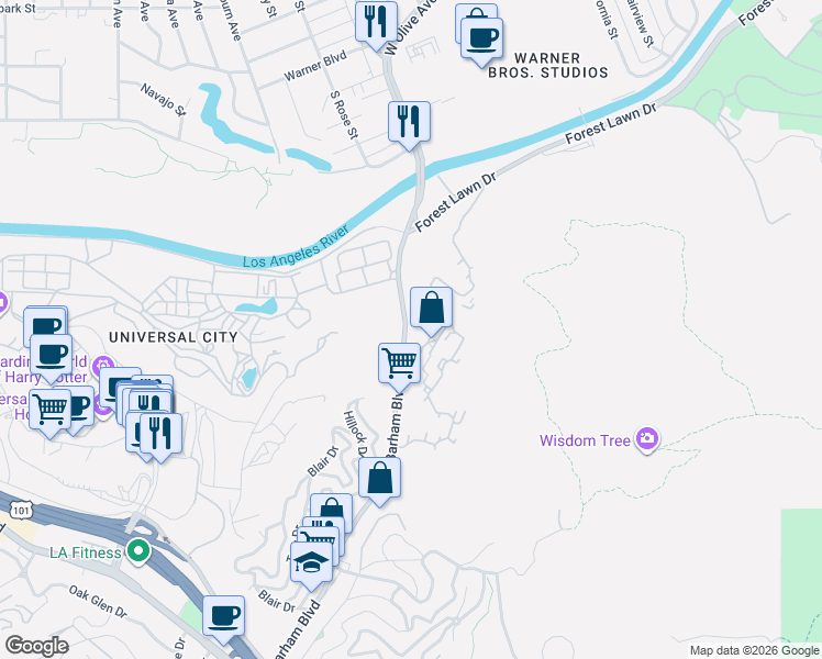 map of restaurants, bars, coffee shops, grocery stores, and more near 3662 Barham Boulevard in Los Angeles