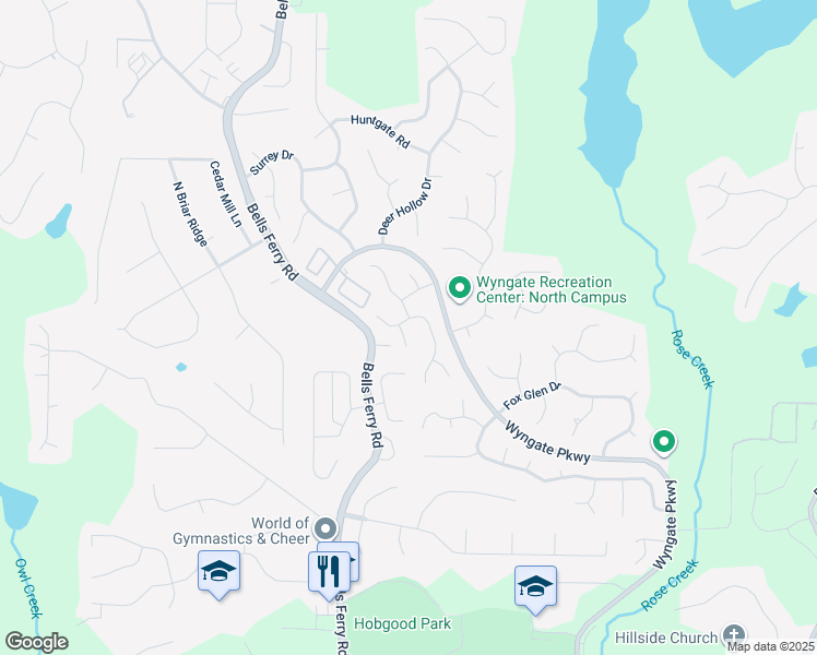 map of restaurants, bars, coffee shops, grocery stores, and more near 5013 Wesleyan Drive in Woodstock