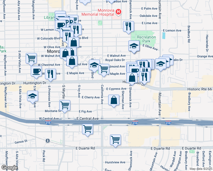 map of restaurants, bars, coffee shops, grocery stores, and more near 404 East Huntington Drive in Monrovia