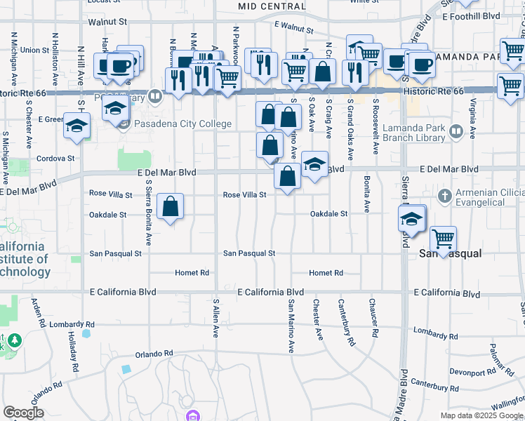 map of restaurants, bars, coffee shops, grocery stores, and more near 353 South Berkeley Avenue in Pasadena