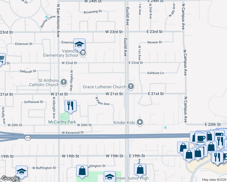 map of restaurants, bars, coffee shops, grocery stores, and more near 141 West 21st Street in Upland