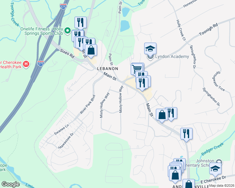map of restaurants, bars, coffee shops, grocery stores, and more near 203 Whipporwill Lane in Woodstock