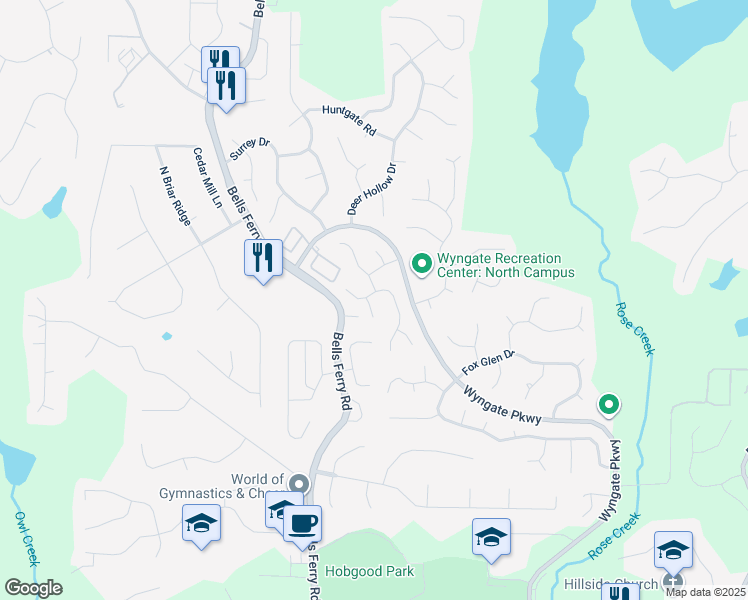 map of restaurants, bars, coffee shops, grocery stores, and more near 5013 Wesleyan Drive in Woodstock