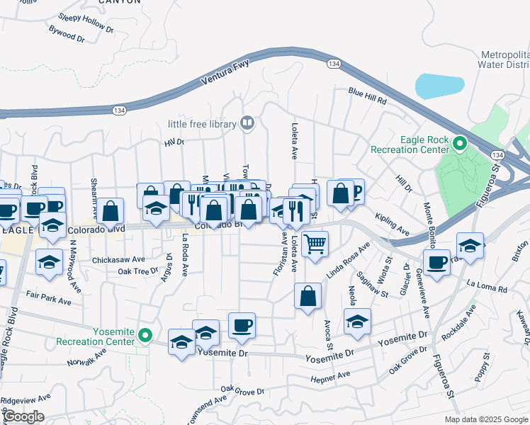 map of restaurants, bars, coffee shops, grocery stores, and more near 5111 Dahlia Dr in Los Angeles