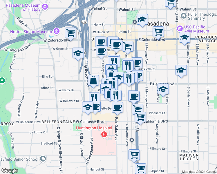 map of restaurants, bars, coffee shops, grocery stores, and more near 56 West Del Mar Boulevard in Pasadena